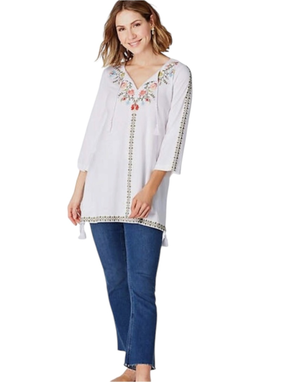 J. Jill White Embroidered Tunic Top Tassel Tie 3/4 Sleeve Size Petite Small